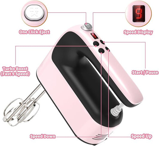 Yomelo 9-Speed Digital Hand Mixer Electric, 400W Powerful DC Motor, Hand Mixer Electric Handheld with Snap-On Storage Case, 5 Stainless Steel Accessories, Beaters, Dough Hooks, Whisk(Pink/Black)