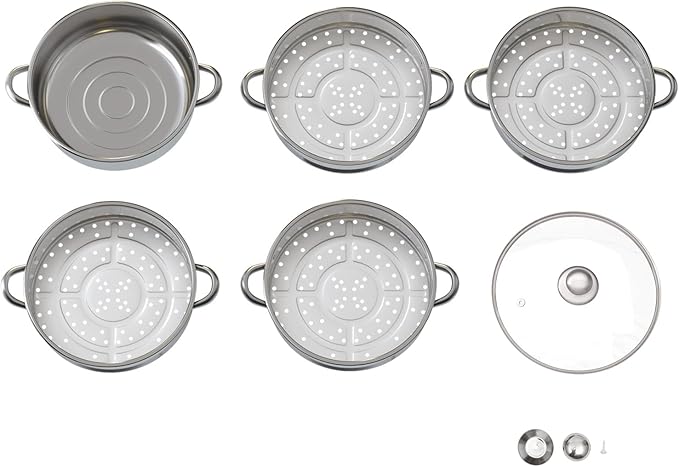 5 Tier Stainless Steel Steamer Cookware Pot with Glass Lid - 26/28/30cm for Home & Restaurant