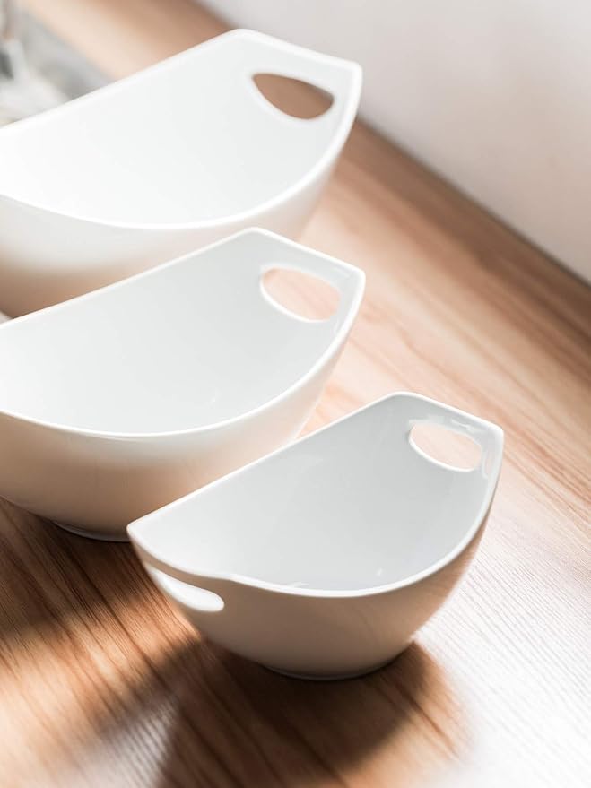 LAUCHUH Serving Bowls with Handles, Porcelain Serving Dishes White Nesting Bowls Mixing Bowl Set Salad Bowls for Entertaining, Party, Valentine's Day, Baby Shower, Set of 3, 15/28/49 oz