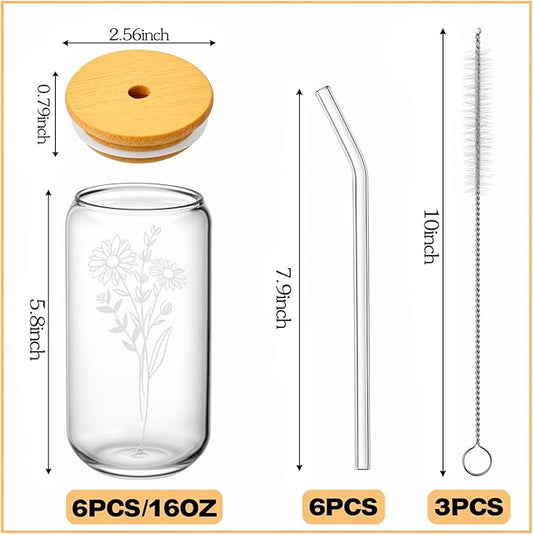 6 Pcs 16 Oz Gift for Women Cute Glass Cup, Can Shaped Drinking Glasses with Bamboo Lids and Glass Straws with Design, Aesthetic Flower Iced Coffee Mugs Tumbler Bulk for Party Bridesmaid Proposal Gifts