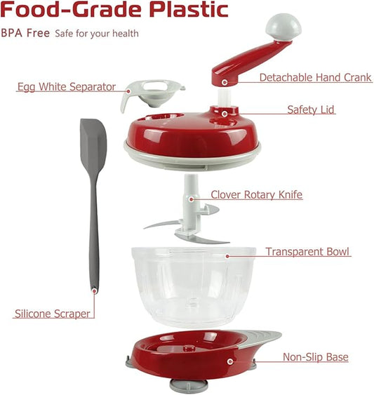Versatile Hand-Cranked Food Processor - Manual Chopper, Meat Grinder Vegetable Chopper, Slicer Spinner Dicer for Salad, Fruits, Nuts, Herbs, and Onions - Includes Stable Base