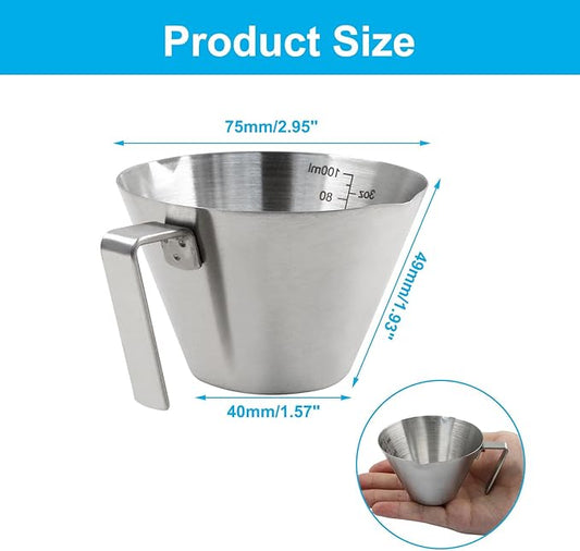Piutouyar 2 Pcs 100 ml / 3.4 oz Stainless Steel Espresso Cups, Double Spout Espresso Measuring Cup with Handle, Dual Scale Metal Espresso Shot Cup Pouring Cup
