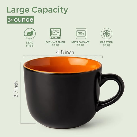 GBhome Jumbo Soup Mugs with Handles, 24 Oz Large Coffee Mugs Set of 4, Ceramic Soup bowls for Coffee,Cereal,Snacks,Salad,Noodles etc Soup Cups,Microwave&Dishwasher safe-Orange Inside