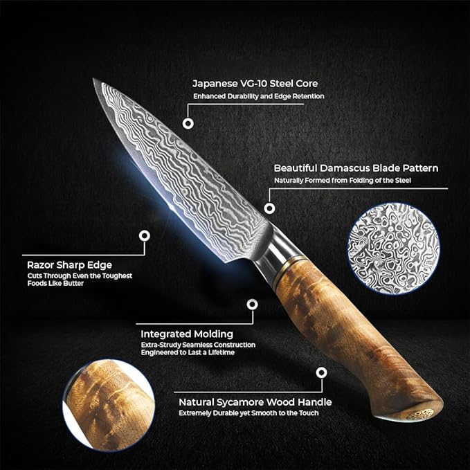 SENKEN 3.5" Damascus Steel Paring Knife - Dynasty Collection - 67-Layer Japanese VG10 Steel with Sycamore Wood Handle, Razor Sharp Double Bevel 15° Edge