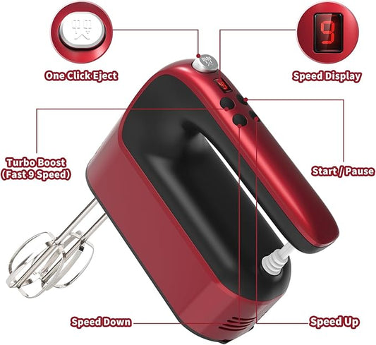 Yomelo 9-Speed Digital Hand Mixer Electric, 400W Powerful DC Motor, Hand Mixer Electric Handheld with Snap-On Storage Case, 5 Stainless Steel Accessories, Beaters, Dough Hooks, Whisk(Red)