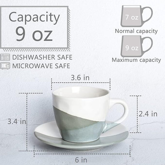 Bosmarlin Stoneware Coffee Cup Mug with Saucer Set of 2 for Latte, Cappuccino, Tea, Oz, Dishwasher and Microwave Safe (Geometric Green, 2)