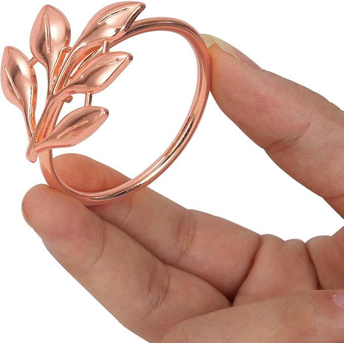 KPOSIYA Set of 12 Leaf Napkin Rings Metal Gold Napkin Holder Table Napkin Rings for Thanksgiving Day Christmas Dinning Table Parties Everyday (Ye Zi-Rose Gold 12)