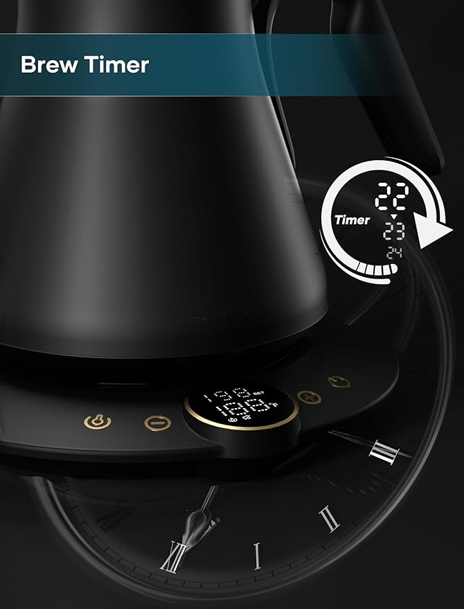 INTASTING Gooseneck Electric Kettle with ±1℉ Temperature Control for Pour Over Coffee & Tea, Quick Heating, BPA-Free Stainless Steel, Built-in Brew Timer, 1500W/0.9L (Onyx Black)