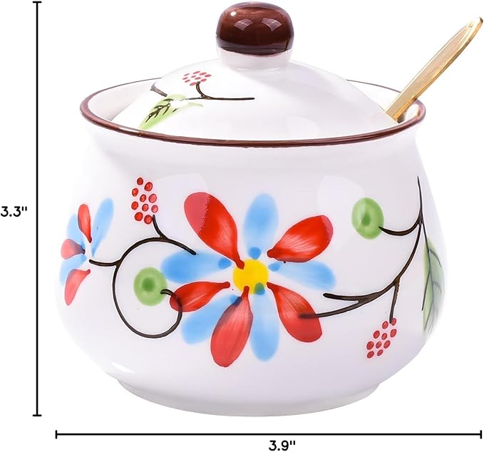Porcelain Sugar Bowl with Lid and Spoon Seasoning Container Salt Jar for Home and Kitchen (HH)
