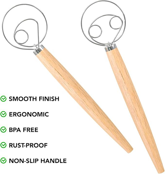 O'Creme Danish Dough Whisk - Two Eye Stainless Steel Bread Mixer with Wooden Handle - Sourdough Whisk for Baking Dough, Pizza, Pastries - Food-Grade, Dishwasher Safe