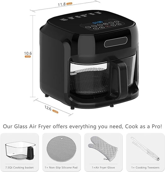 Glass Air Fryer, 7.8QT with Transparent Fry Bowl, Circulating Heating, Temperature Control, Air Fryer Roast, Dishwasher Safe (Black)