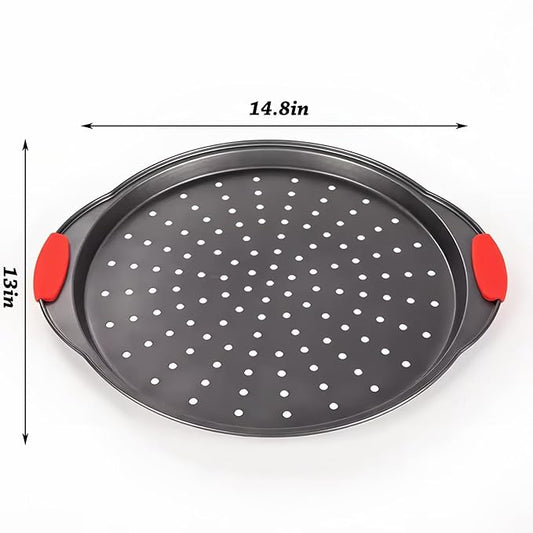 ZOEHROWS 13 Inch Pizza Pan for Oven, Round Pizza Pan with Holes - Non-Stick Carbon Steel Pizza Tray with Silicone Handles - for Cooking, Baking, and Grilling - Dishwasher Safe