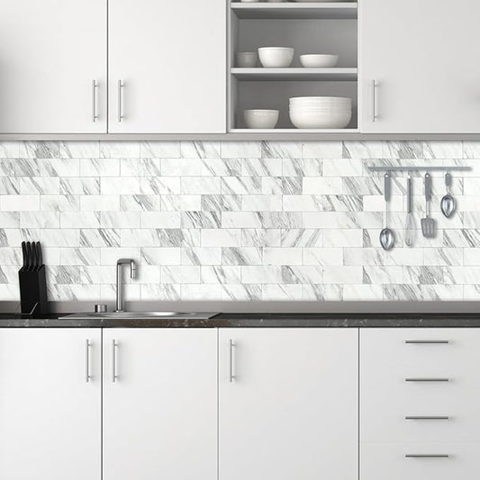 AULIGET 4-Piece White Marble Look Peel and Stick Backsplash Wall Tiles, 3" x 6" PVC Faux Stone Stick on Tile for Backsplash Kitchen, Bathroom, Laundry Room, Camper, Fireplace