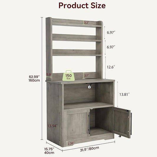 IDEALHOUSE Bakers Rack With Storage Cabinet, Microwave Stand With Power Outlets, Farmhouse pantry cabine With Thick Table Top, Small Kitchen Pantry Hutch Bakers Rack for Kitchen,Dining Room,Retro Gray