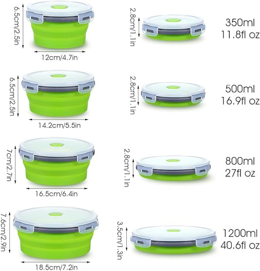 4 Pieces Collapsible Bowls for Camping, Foldable Silicone Collapsible Bowls with Lids, BPA-Free Microwave/Freezer/Dishwasher Safe Bowl, Green (12oz/16.9oz/27oz/40oz)