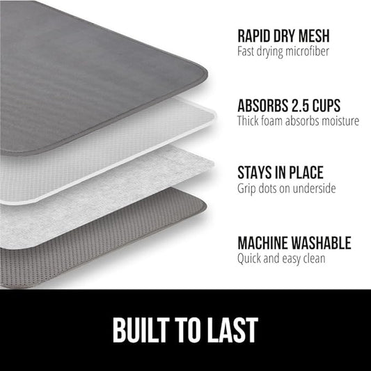 GORILLA GRIP Ultra Water Absorbent Microfiber Dish Drying Mat, Quick Dry Thick Mesh, Slip Resistant Pad for Sink Dishes or Under Rack, Kitchen Counter Accessories, 16x18, Machine Wash Mats, Gray