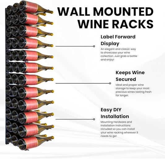 Jagged Ridge Wine Rooms - Premium Wall Mounted Metal Wine Rack - 36 Wine Bottles Holder - Modern Wine Rack, Matte Black - Space Saving for Home, Kitchen, Bar - Designed in Canada by Wine Enthusiasts