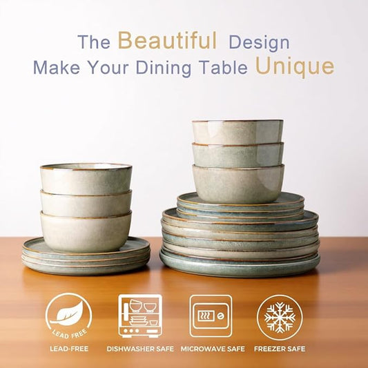 AmorArc Stoneware Dinnerware Sets for 4,Round Reactive Glaze Ceramics Plates and Bowls Set,Highly Scratch Resistant Dishware | Dishwasher & Microwave Safe Dishes Set,Service for 4 (12pc)