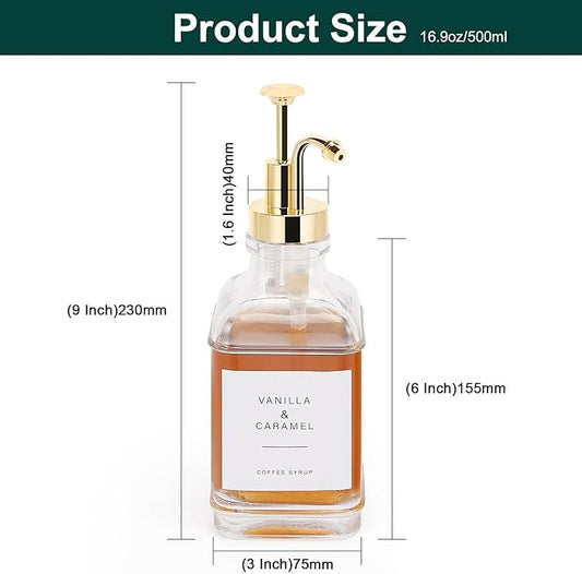 Coffee Syrup Dispenser for Coffee Bar, Clear Glass Syrup Bottles with Pump, Refillable Maple Syrup Storage, Coffee Station Accessories and Organizer, 500ml, Set of 2 (Gold)