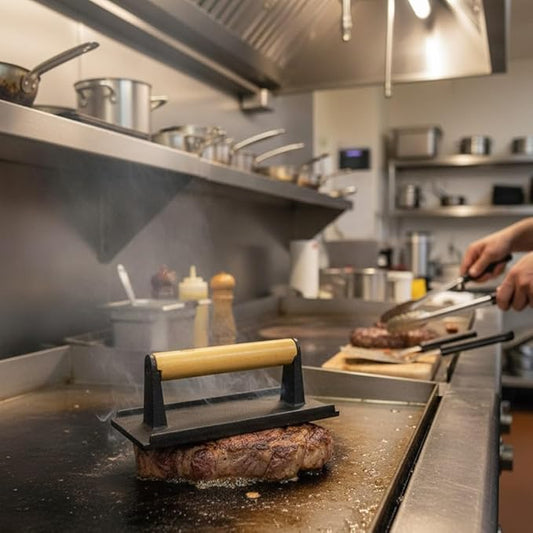TrueCraftware- 5" X 9" Cast Iron Steak Weight with Wooden Handle- Grill Press Bacon Press Meat Steak Sandwich for Griddle Grill Press Burger Press Griddle Press