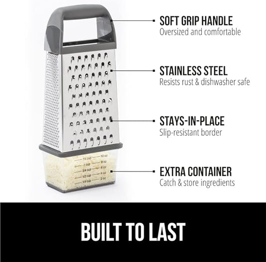 GORILLA GRIP 4-Sided Stainless Steel Cheese Grater With Container, 100% BPA-Free Box Grater, Slip Resistant Base and Handle, Grate Parmesan, Hard Cheeses, Shred Vegetables, Dishwasher Safe, Gray