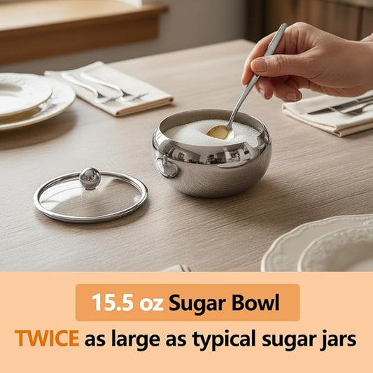 15OZ Sugar Bowl with Glass Lid and Spoon, Sugar Container of Coffee Bar Accessories, Stainless Steel Jar for Salt, Tea, Brown Sugar Cube, Dishwasher Safe, Kitchen Decor Countertop Storage, Silver