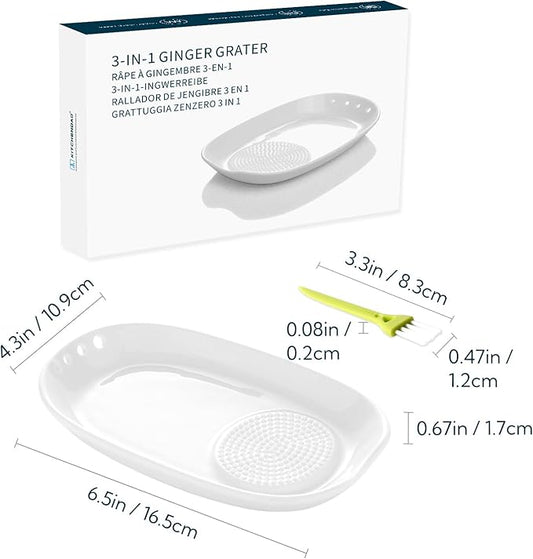 KITCHENDAO 3 in 1 Porcelain Ginger Grater Tool Spoon Rest Herb Stripper, 6.5 x 4.3 inches for Kitchen, Japanese Ceramic Garlic Grinding Wasabi Grater Plate Dish for Daikon Radish & Parmesan Cheese