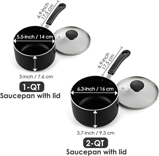 Cook N Home Nonstick Sauce Pan Set 1Qt and 2Qt, Multi-purpose Pots Set Saucepan Kitchenware with Glass Lid, Black, Aluminum