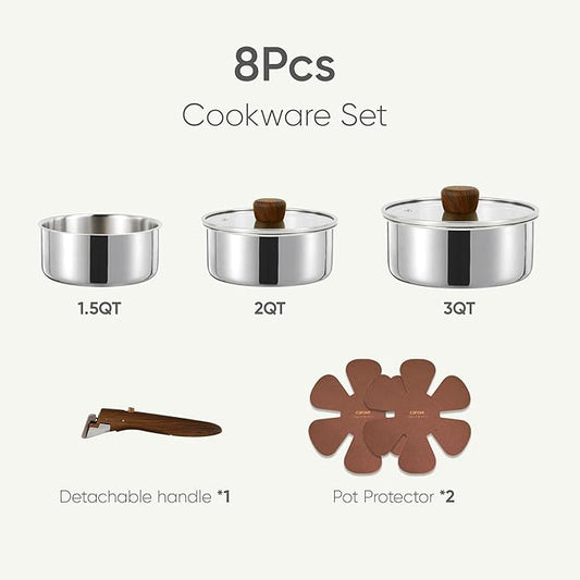 CAROTE Tri-Ply Stainless Steel Sauce Pan with Detachable Handle,1.5QT Sauce Pan,2QT & 3QT Saucepan with Lid, 8PCS Non-Toxic Induction Kitchen Stainless Steel Pot,Removable Handle,Oven Safe,Woodgrain