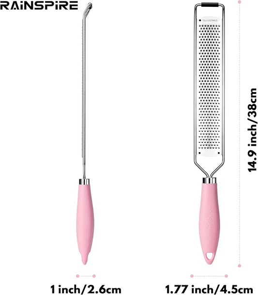 Rainspire Zester Grater with Handle, Lemon Zester Cheese Grater for Kitchen Stainless Steel, Parmesan Cheese Garlic Nutmeg Chocolate Fruits Vegetables Ginger Grater, Fine (Pink)