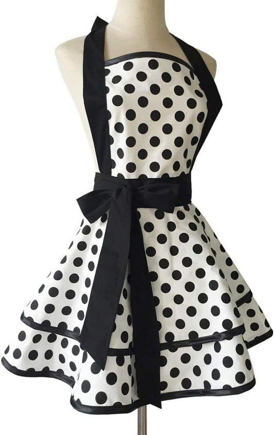 Hyzrz Lovely Handmade Cotton Retro Aprons for Women Girls Cake Kitchen Cook Apron for Mother's Gift (Black Dot)