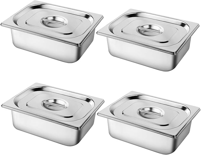 West Bay 4 Pack 1/2 Half Size Hotel Pan with Lids, 4'' Deep Steam Table Pan with Lid, 12.8''L x 10.4''W Stainless Steel Pans for Home, Party, Hotel, Buffet