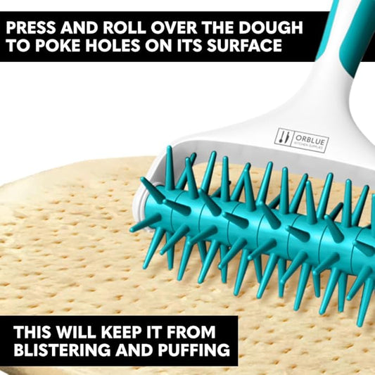 Orblue Pizza Dough Docker, Pastry Roller with Spikes, Pizza Docking Tool for Home & Commercial Kitchen - Pizza Making Accessories that Prevent Dough from Blistering, Aqua