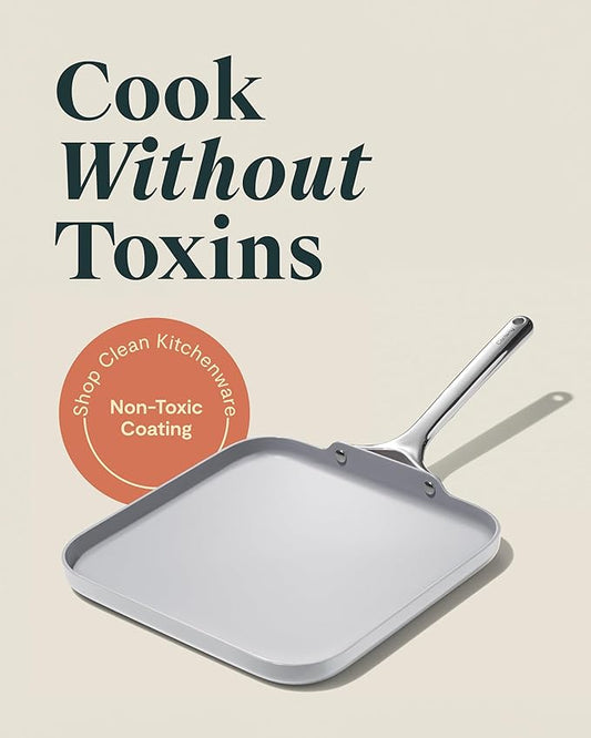 Caraway Square Griddle Pan - 11” Square Pan - Non-Stick Ceramic Coated - Non Toxic, PTFE & PFOA Free - Oven Safe & Compatible with All Stovetops - Gray