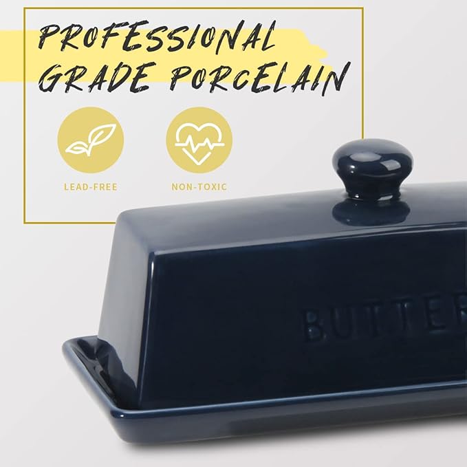 Butter Dish With Lid, WERTIOO Porcelain Butter Keeper With Handle Cover French Butter Dish with Stainless Steel 3 in 1 Butter Spreader Container for Countertop, Dark Blue
