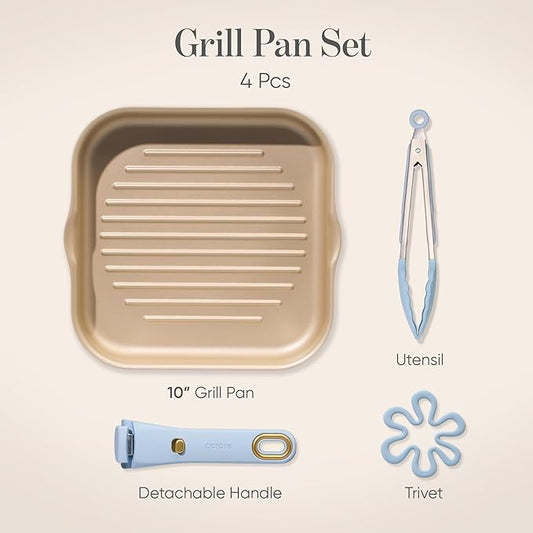 CAROTE 10 Inch Titanium Reinforced Nonstick Grill Pans for Steak, Non-Stick Grill Pans Sets with Detachable Handle, PFOS, PFOA Free, Gas & Induction Safe, All Stovetops Compatible, Blue