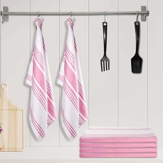 Urban Villa Kitchen Towels 100% Cotton Pack of 3, Highly Absorbent Quick Drying Super Soft Premium Dish Towels for Kitchen with Hanging Loop Hand & Tea Towels - 20x30 Inch, (Pink & White, Striped)