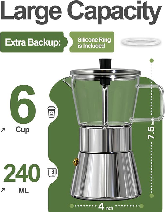 Grasseed Crystal Glass-Top Moka Pot, Polished Stainless Steel Stovetop Espresso Maker for Italian Coffee - 6 Cup/240ml/8.4oz