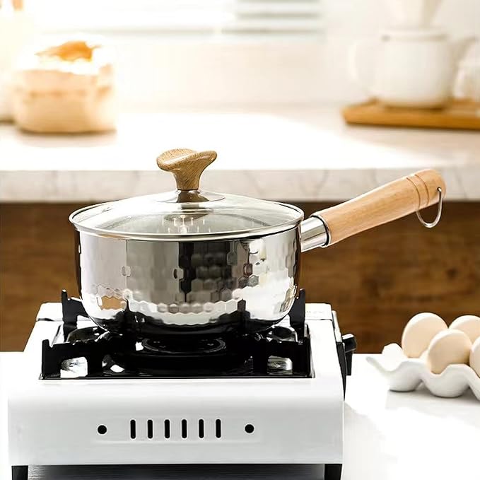 Scizorito Thickened 304 Stainless Steel Pot, Solid Wood Anti Scald Handle With Hook, Multifunctional Sauce Pot with Inverted Mouth, Milk Pot, Cooking Pot (1.7 Quarts)