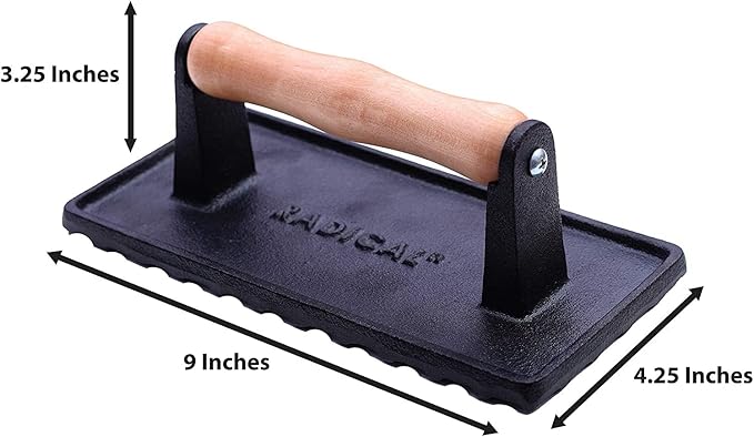 Radicaln Burger Press Rectangle 9" x 4.25" Inches Iron Grill Press with Wooden Handle - Heavy Duty Pre Seasoned - Meat Press, Sandwich & Bacon Press - Burger Press Patty Maker for Kitchen
