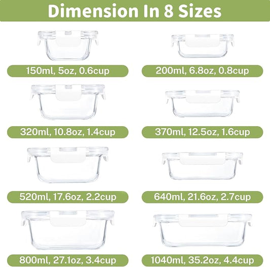 HOMBERKING 8 Pack Glass Food Storage Containers with Lids, Meal Prep Containers, Airtight Bento Boxes with Leak Proof Locking for Microwave, Oven, Freezer and Dishwasher, BPA Free, 5-35oz, white