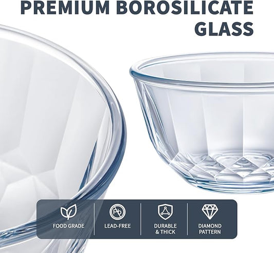 Luvan Glass Mixing Bowls with Lids Set of 5(0.85qt,1.11qt,1.69qt,2.85qt,4.7qt), Large Salad Bowl with Diamond Pattern & Grey Transparent Lids, Kitchen Clear Mixing Bowl for Serving Baking Prep Storage