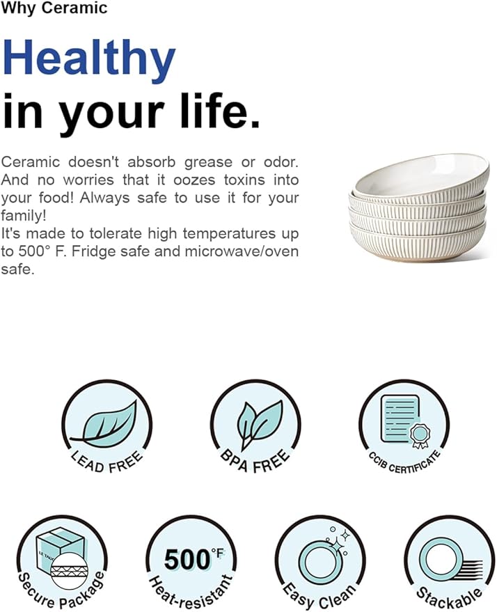 LE TAUCI Pasta Bowls 46oz, Large Salad Bowl, Ceramic Embossment Stoneware Serving Plate for Fruits, Noodle, Dinner, House-warming Wedding Present - 9 Inch, Set of 4, Arctic White