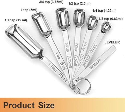 Stainless Steel Measuring Spoons Set of 7 with Leveler, Long Handle Rectangular Metal Teaspoon Tablespoon for Measuring Kitchen Spice, Dry & Liquid Ingredients