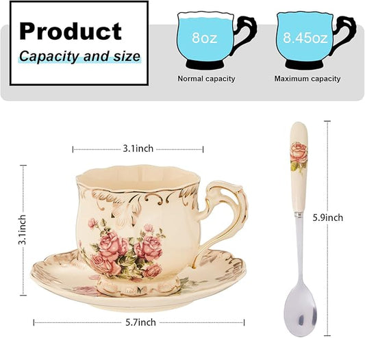 YOLIFE Tea Cups and Saucers Set of 2, Vintage Ceramic Tea Cups Set Floral and Gold Leaves Trim Design - 8 oz (Pink Rose with Gift Box(no stand))