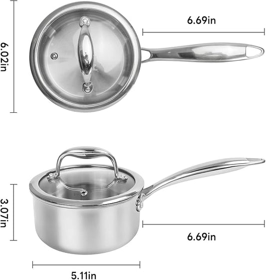 Macevia Sauce Pan with Glass Lid, 18/10 Stainless Steel Pot with Stay-Cool Handle, For All Stoves Multipurpose Use for Home Kitchen or Restaurant(1 Quart)- Silver