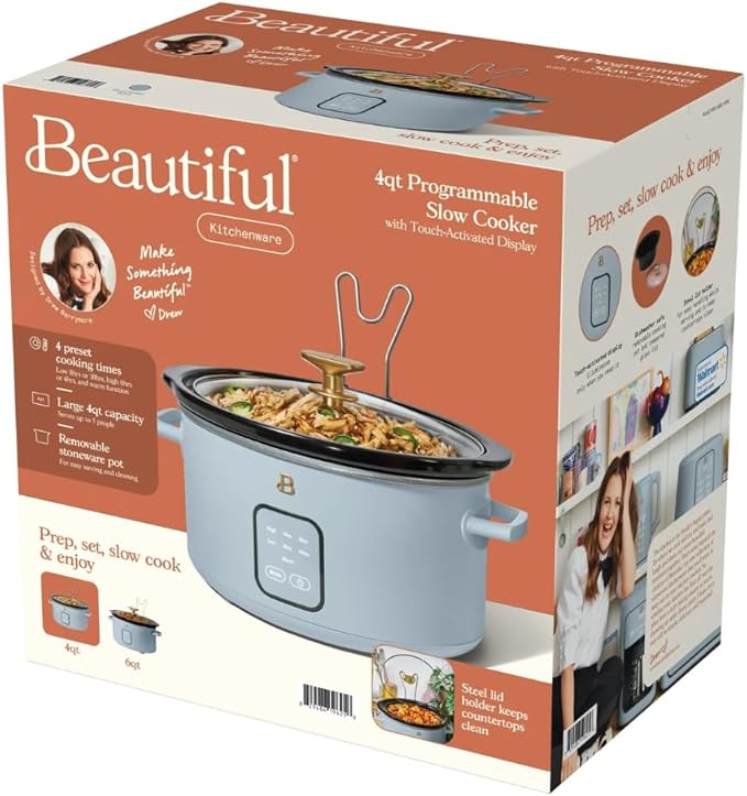 Beautiful 4-Quart Slow Cooker with Touch-Activated Display, Programmable Digital Controls, Removable Non-Stick Pot, Keep Warm Function, by Drew Barrymore (Cornflower Blue)