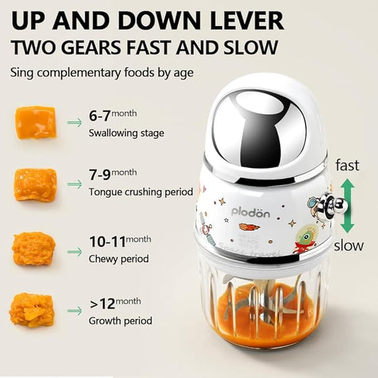 Plodon Baby Food Maker Mini Cute and Small Food Processor Puree Blender Grinder Chopper 1.2 Cup Glass Bowl with 6 Blade Electric (Spaceman-White)