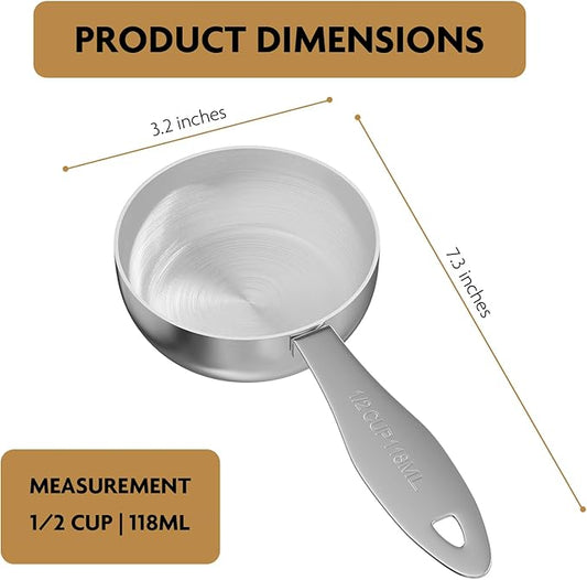 2PCS 1/2Cup(118ml) Stainless Steel Measuring Cup, Heavy-duty Single Metal Scoop for Wet and Dry Ingredients, Great Kitchen Gadgets for Cooking