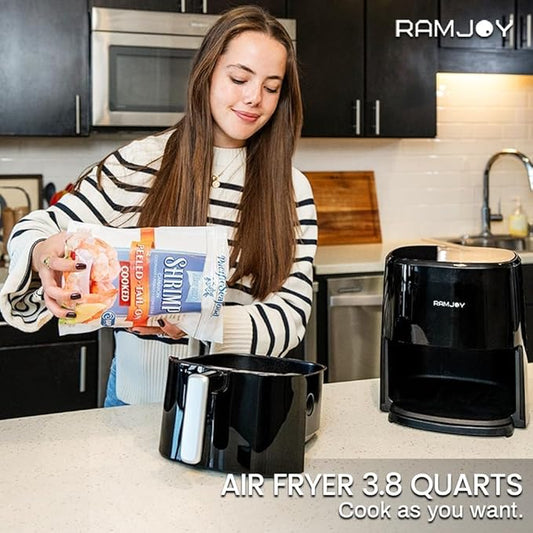 RAMJOY Air Fryer 3.8 Quarts for 1-2 people, 8-in-1 Functions, Air Fry, Roast, Bake, Broil, Preheat, Shake, Digital Small Air Fryer, Nonstick Dishwasher-Safe Basket, Compact Air Fryers, Black